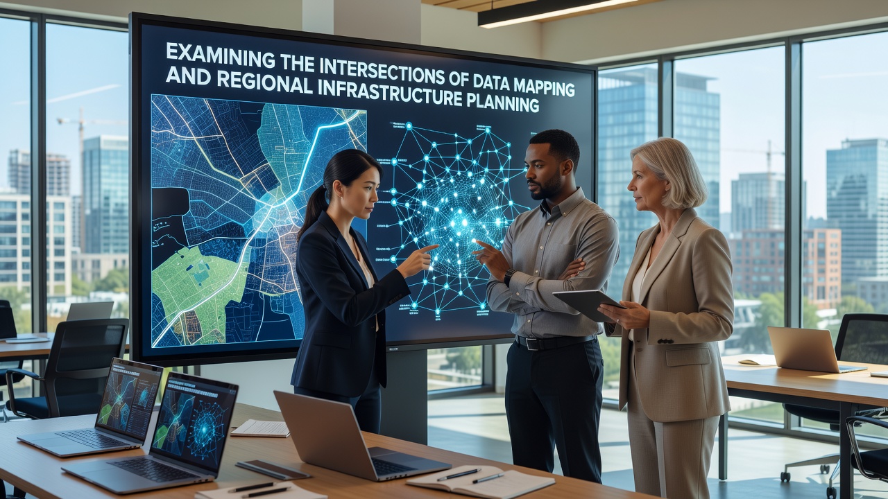 Regional planners reviewing data-mapped infrastructure models on large screens during a coordination session