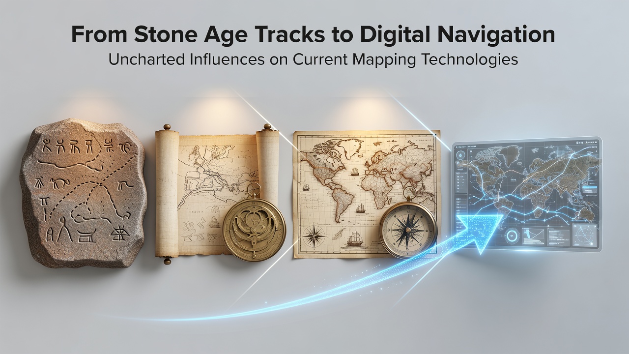 Satellite imagery and digital mapping interfaces showing historical trail overlays on contemporary navigation systems