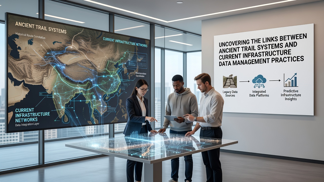 GIS workstation displaying layered maps of historic trails integrated with utility and transportation infrastructure data